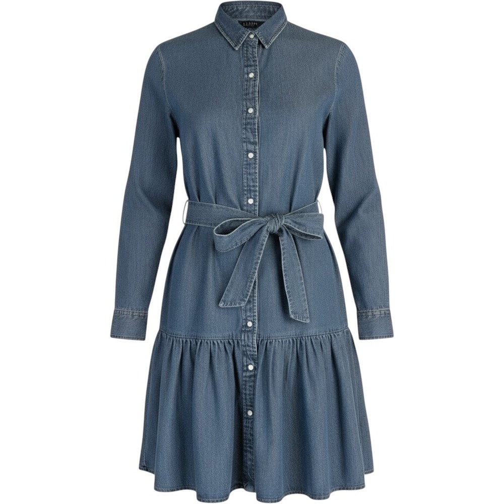 Lauren Ralph Lauren Denim Mini Shirtdress Size 14 Belted Drop Waist Ruffle Hem‎